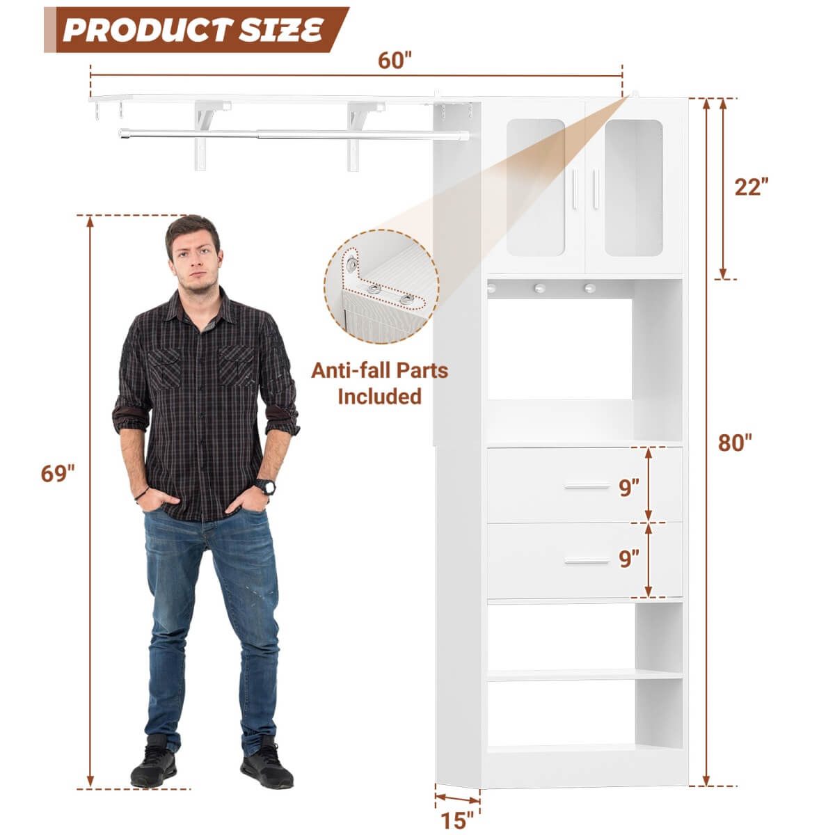 60 Inch Closet Organizer System Tower with Drawers & Big Wing Shelf