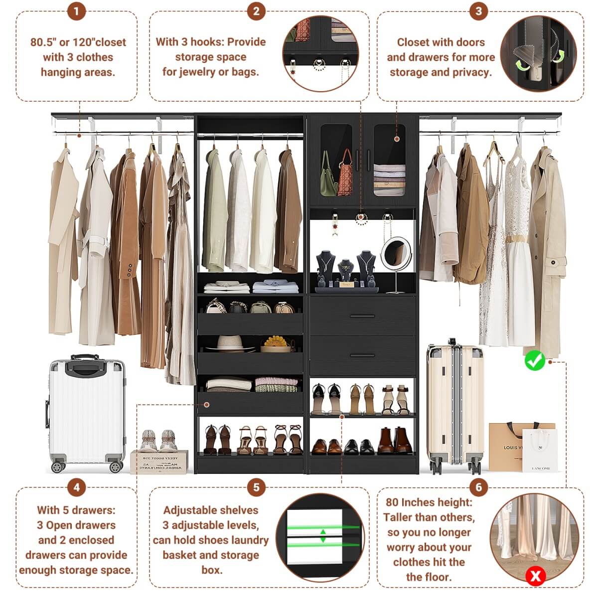 10FT Walk in Closet Organizer with 5 Drawers & 3 Hanging Rods