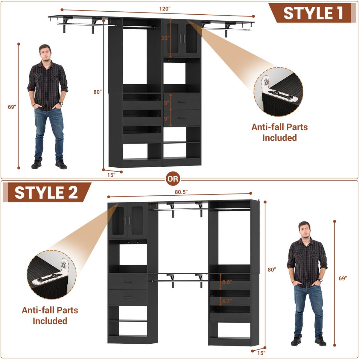 10FT Walk in Closet Organizer with 5 Drawers & 3 Hanging Rods