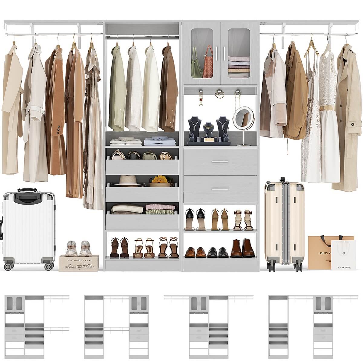 10FT Walk in Closet Organizer with 5 Drawers & 3 Hanging Rods