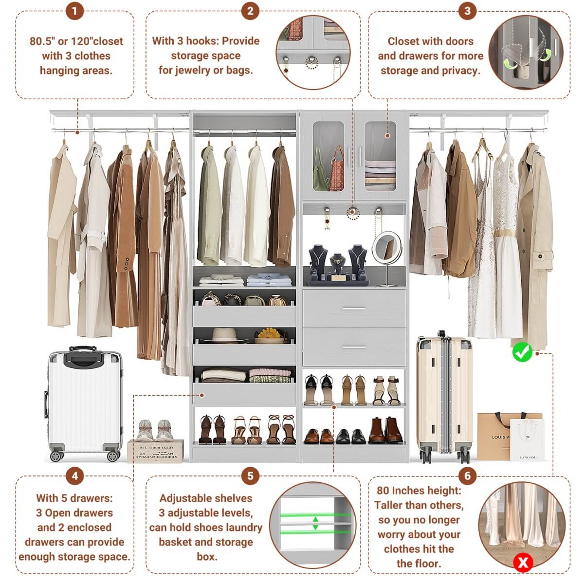 10FT Walk in Closet Organizer with 5 Drawers & 3 Hanging Rods