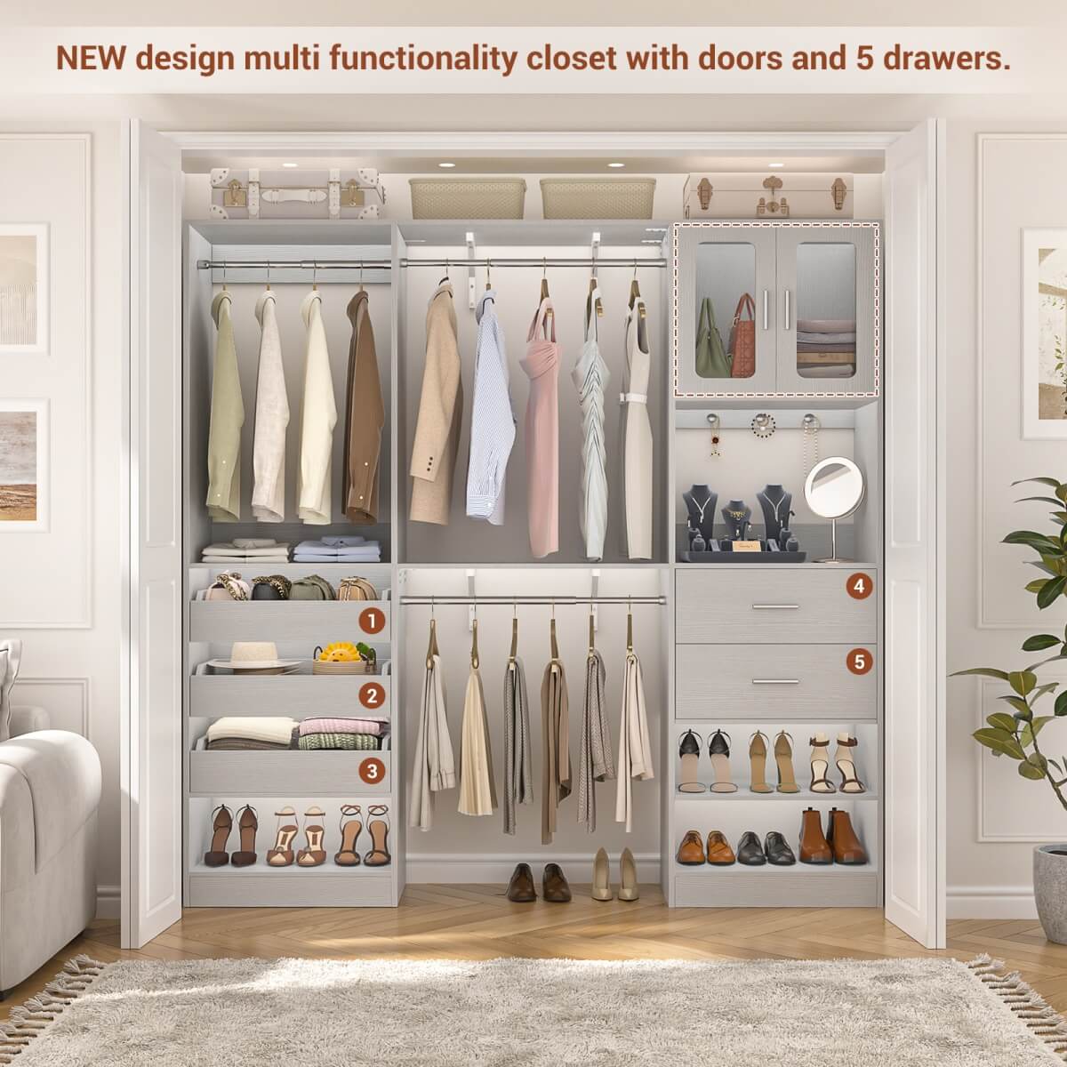 10FT Walk in Closet Organizer with 5 Drawers & 3 Hanging Rods