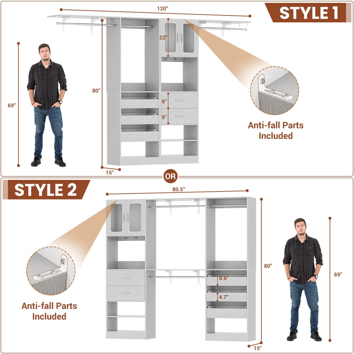10FT Walk in Closet Organizer with 5 Drawers & 3 Hanging Rods