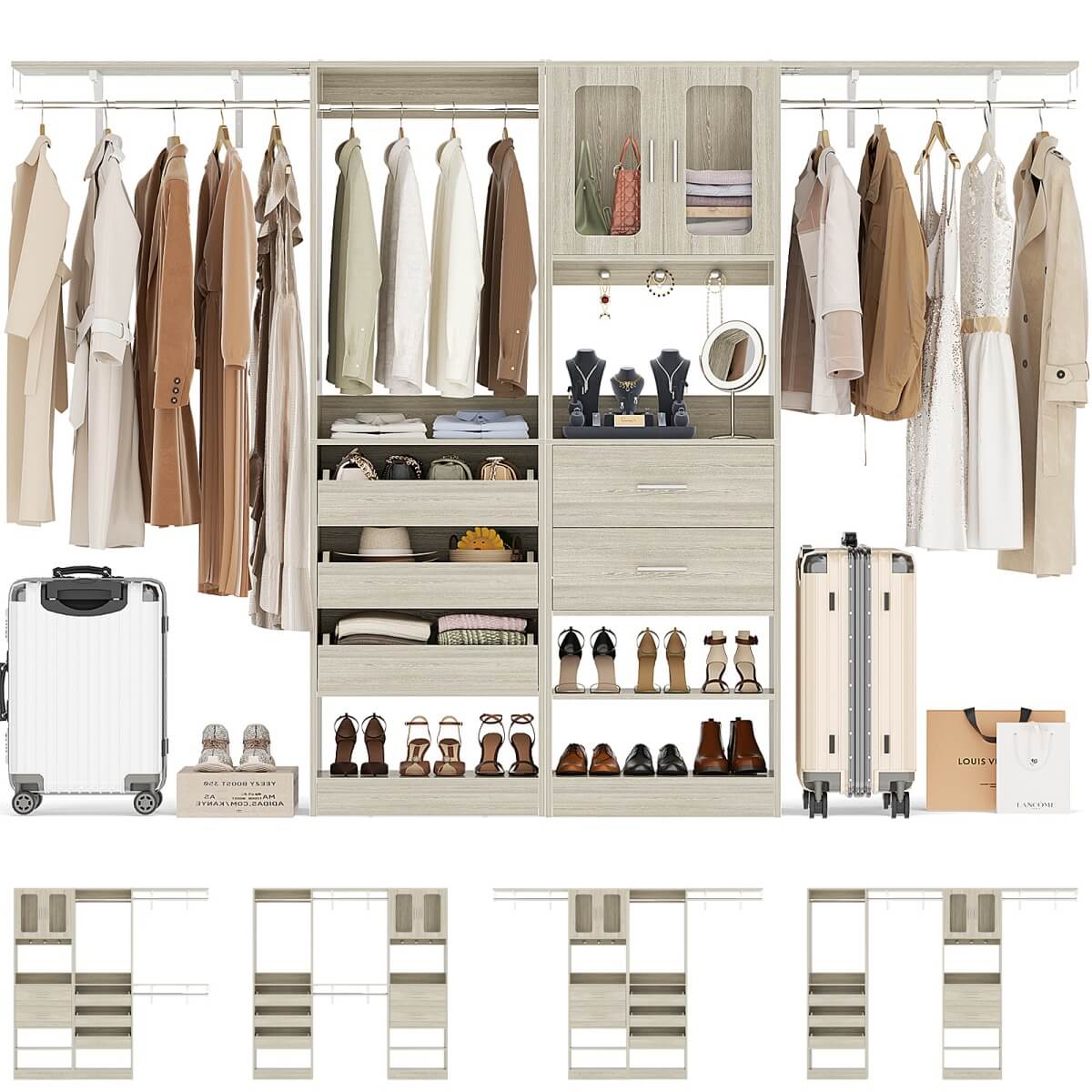 10FT Walk in Closet Organizer with 5 Drawers & 3 Hanging Rods
