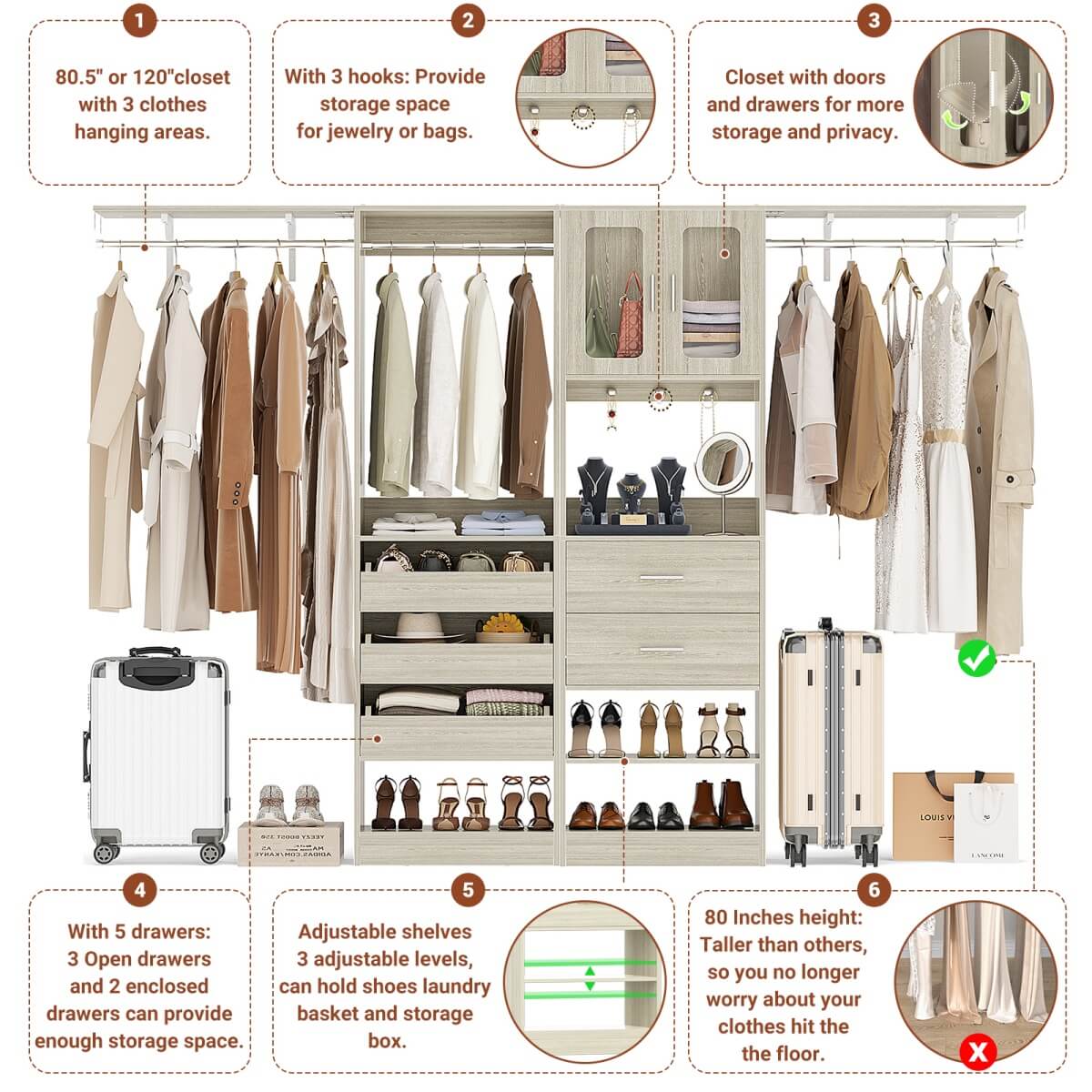 10FT Walk in Closet Organizer with 5 Drawers & 3 Hanging Rods