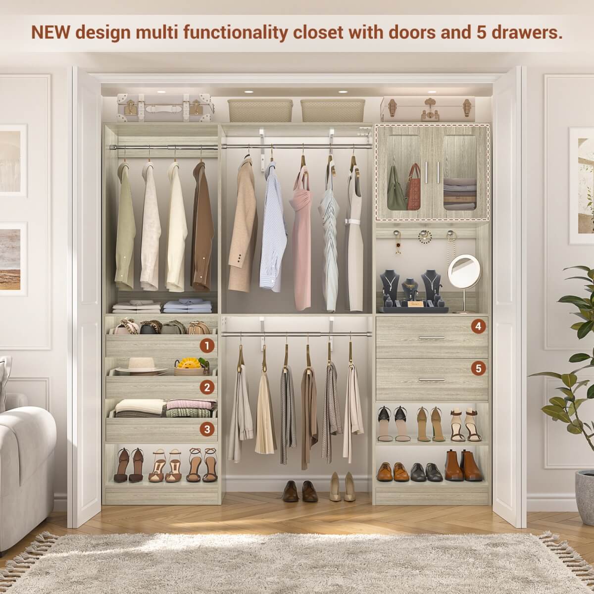 10FT Walk in Closet Organizer with 5 Drawers & 3 Hanging Rods
