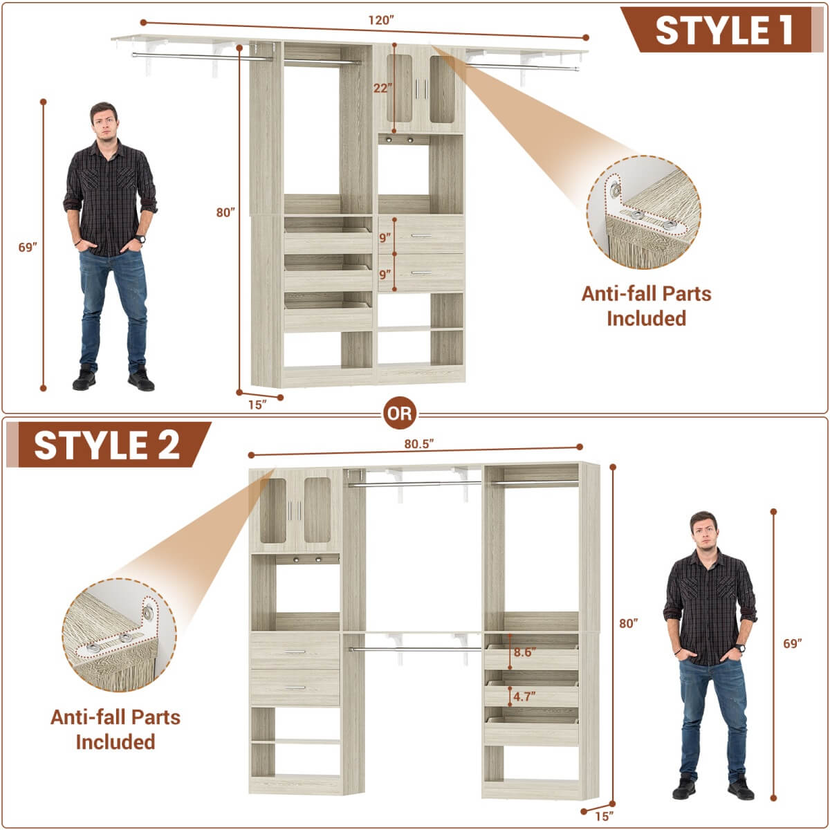 10FT Walk in Closet Organizer with 5 Drawers & 3 Hanging Rods