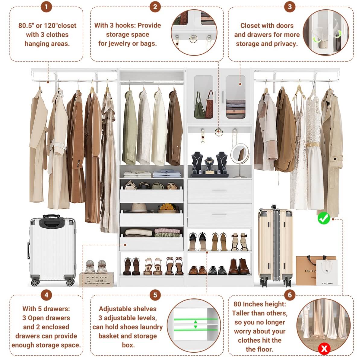 10FT Walk in Closet Organizer with 5 Drawers & 3 Hanging Rods