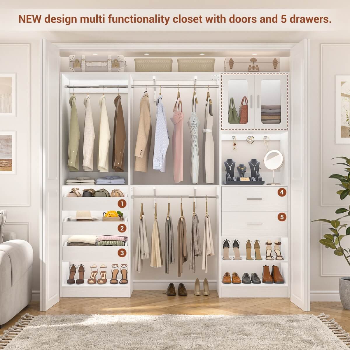 10FT Walk in Closet Organizer with 5 Drawers & 3 Hanging Rods