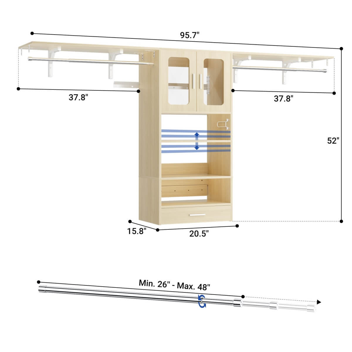 65'' Width Wall Cabinet with Hanging Rods and Drawer