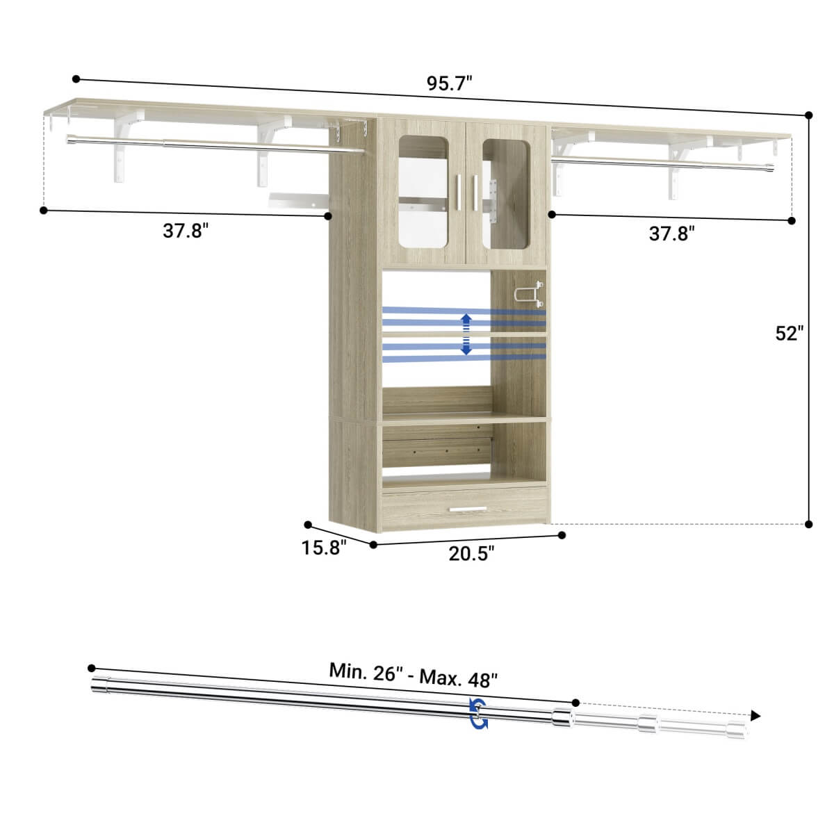 65'' Width Wall Cabinet with Hanging Rods and Drawer