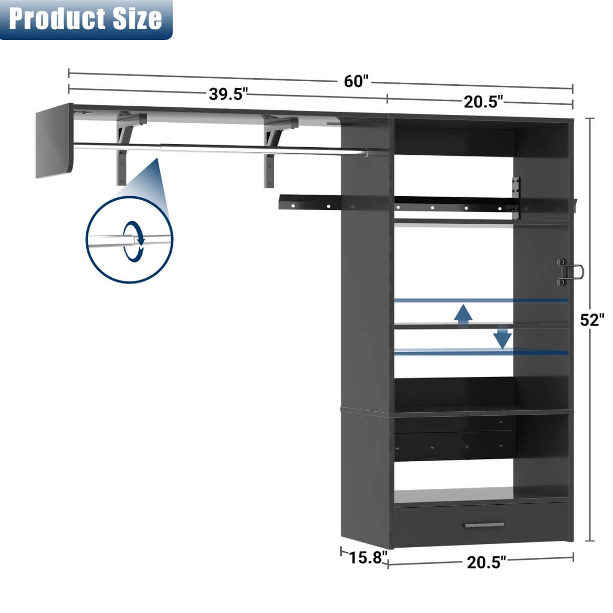 5FT Laundry Organizer with Single Shelf & Hanging Rod