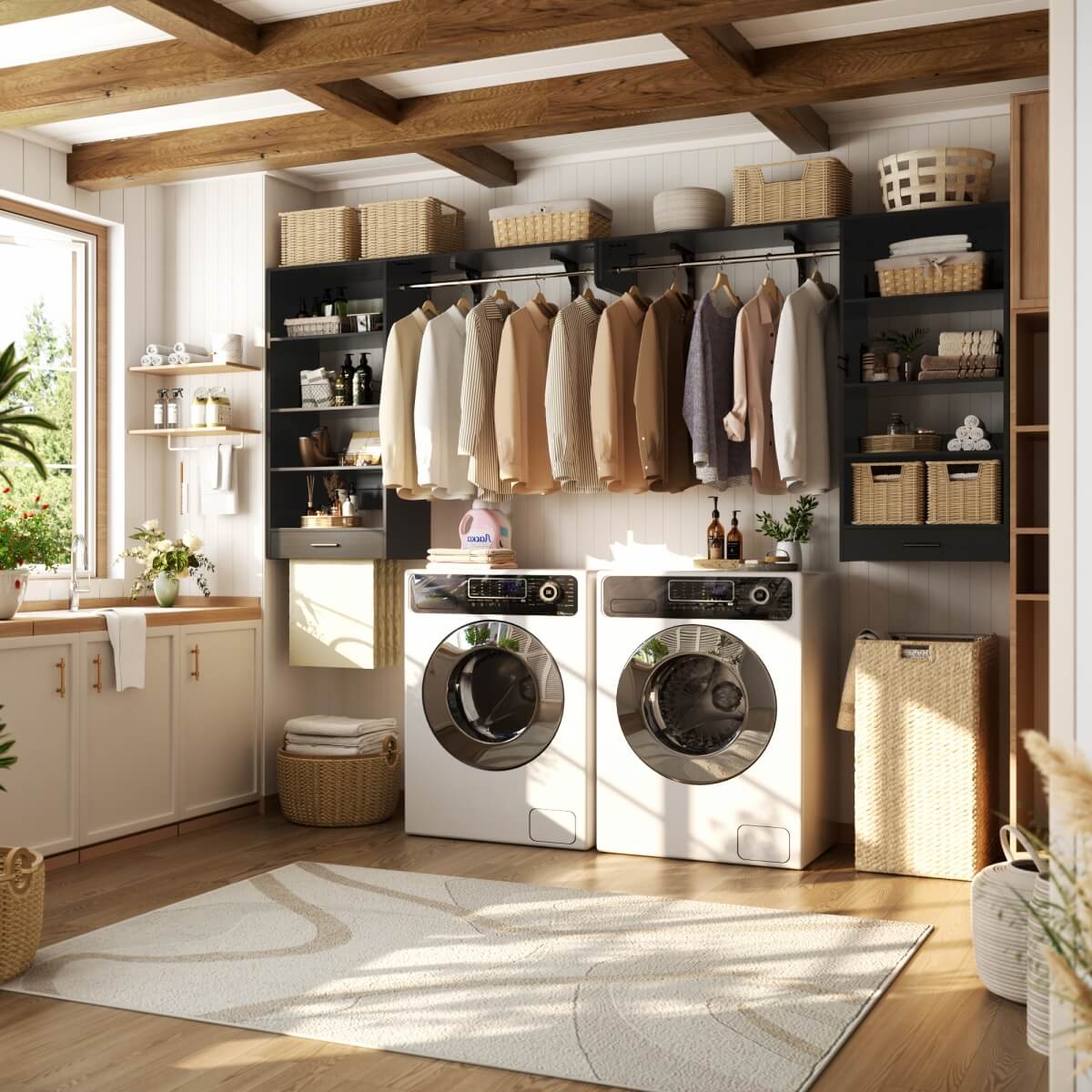 5FT Laundry Organizer with Single Shelf & Hanging Rod