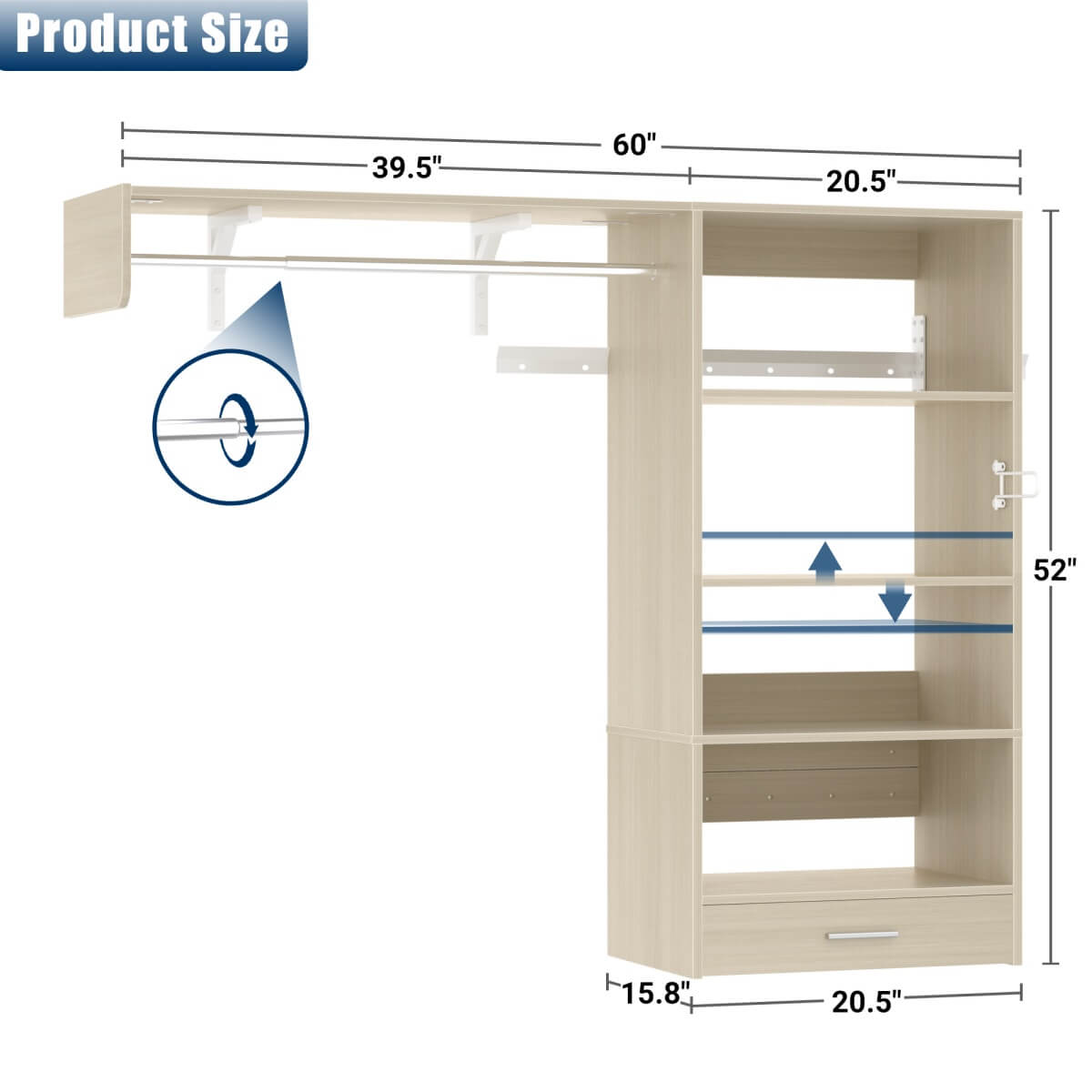 5FT Laundry Organizer with Single Shelf & Hanging Rod