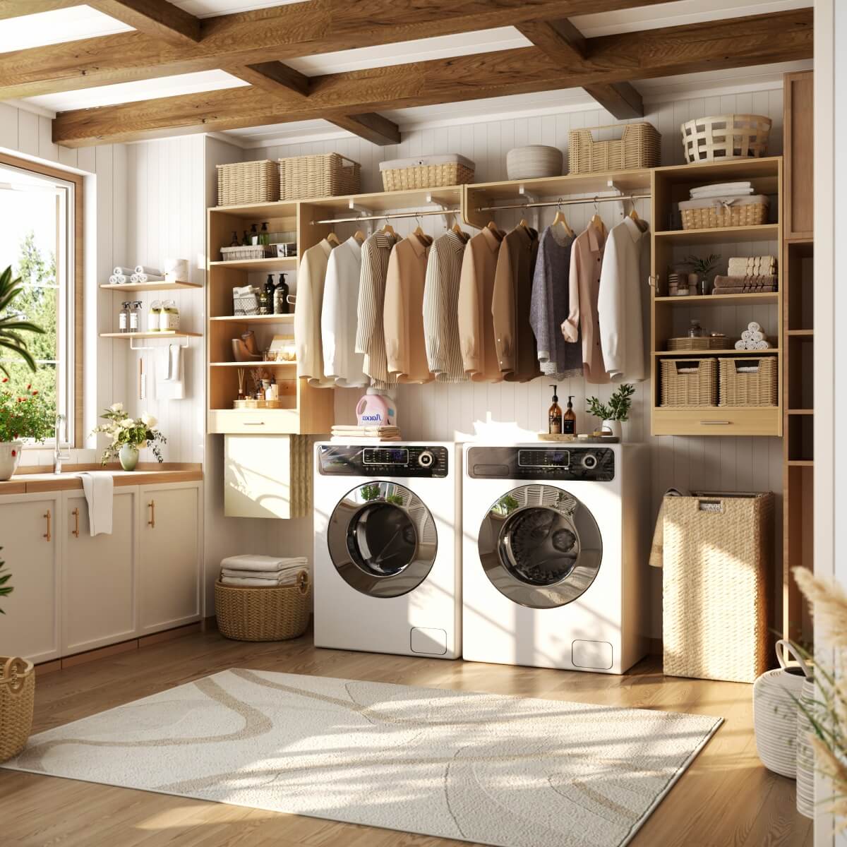 5FT Laundry Organizer with Single Shelf & Hanging Rod