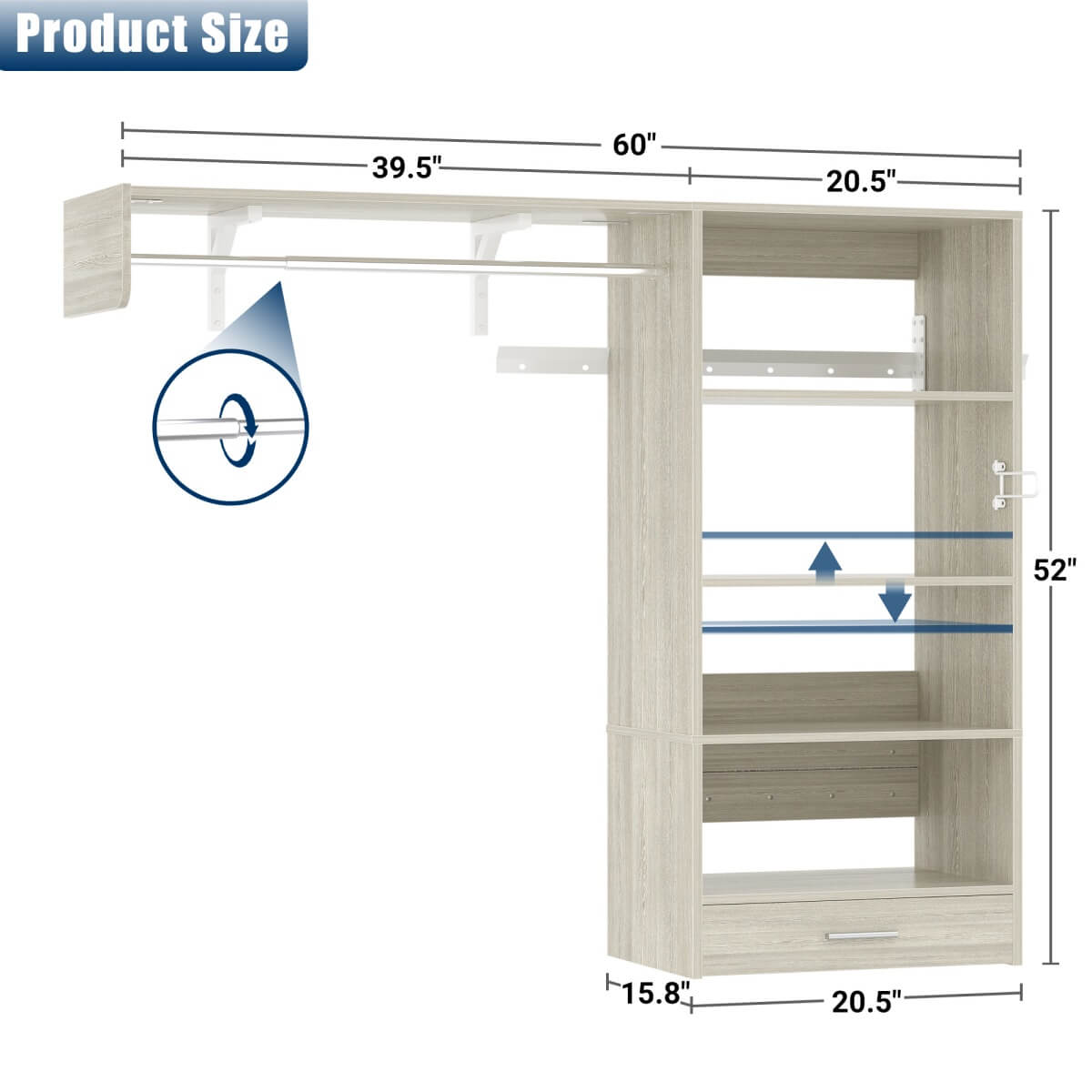 5FT Laundry Organizer with Single Shelf & Hanging Rod