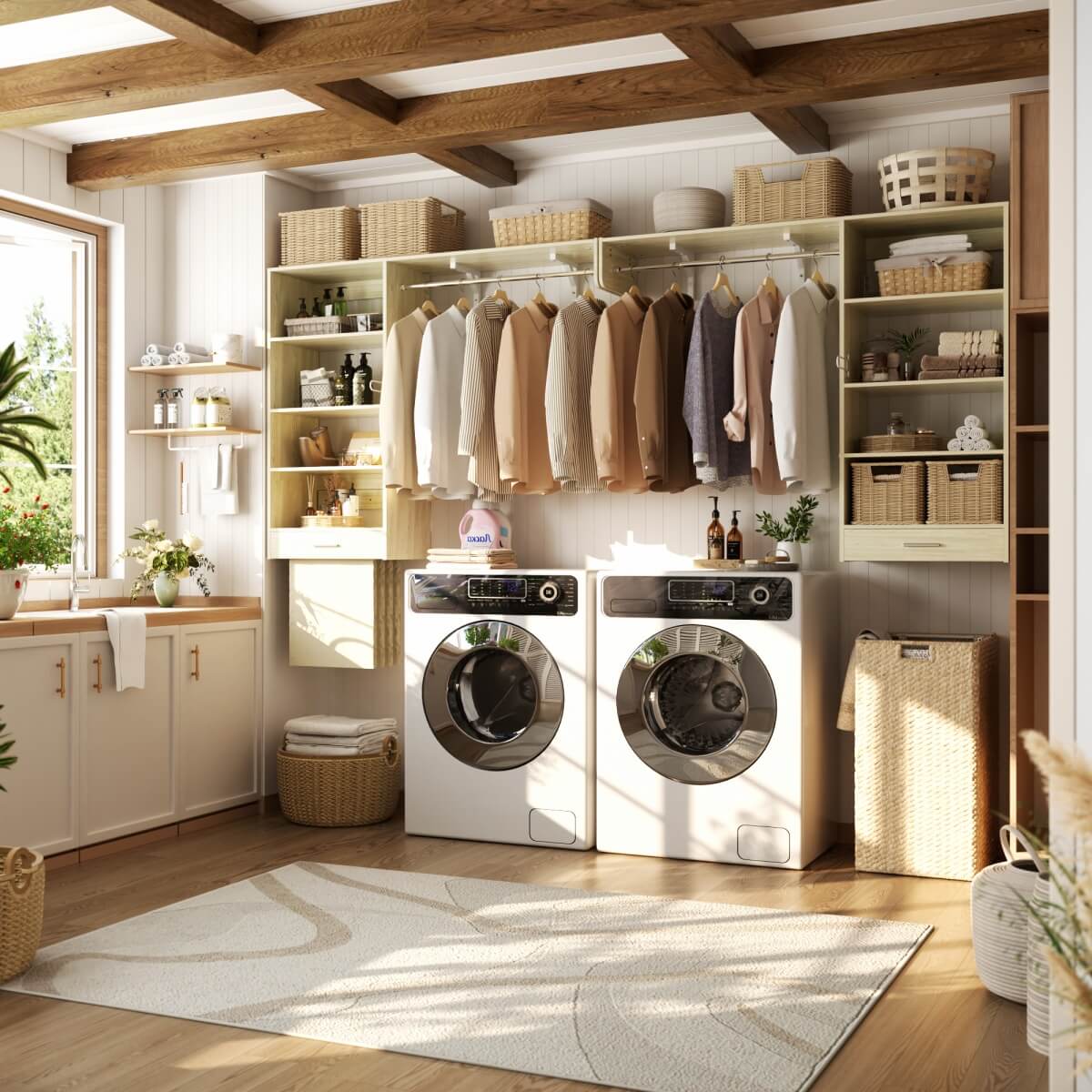 5FT Laundry Organizer with Single Shelf & Hanging Rod