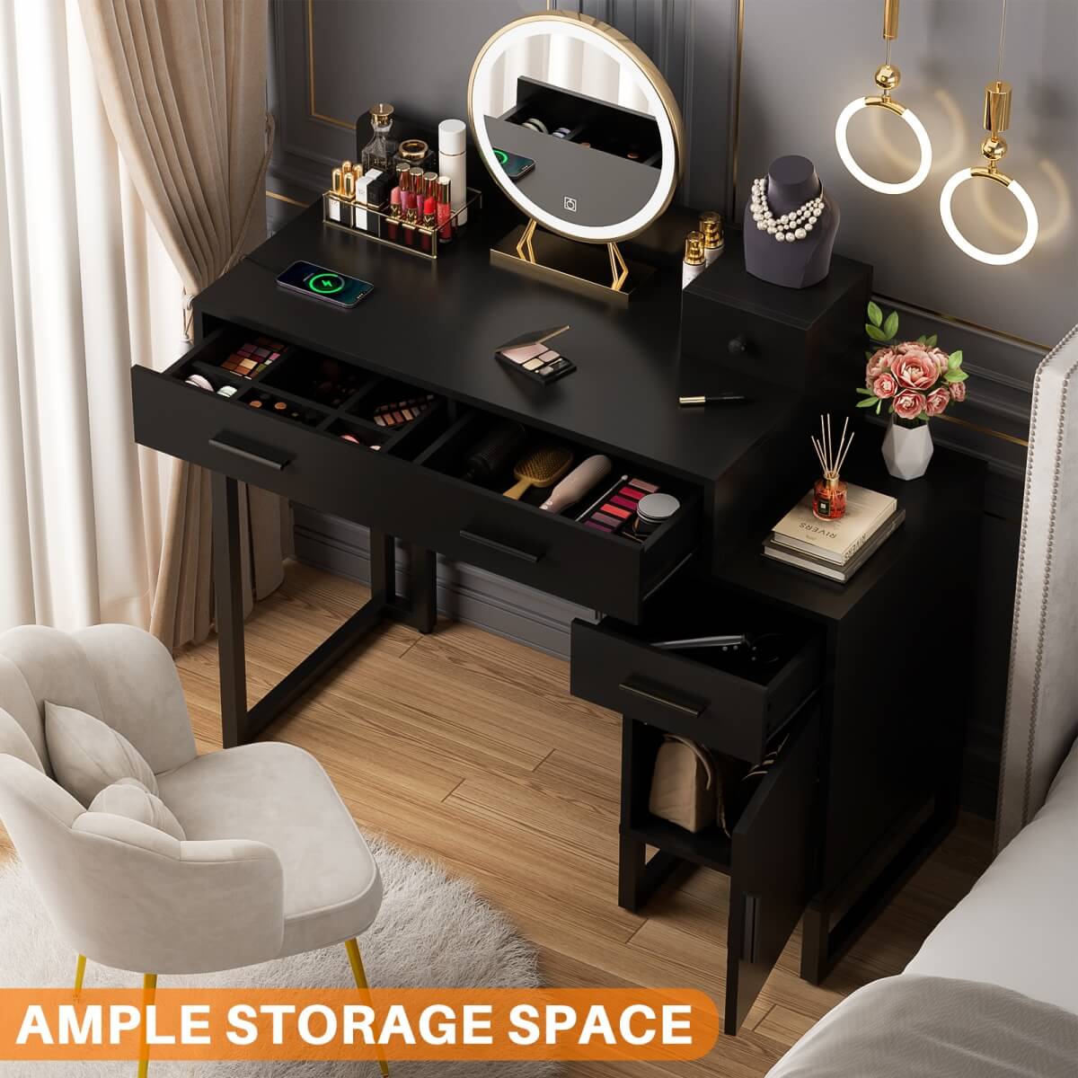 Makeup Vanity Desk with 4 Drawers, Built in Power Outlet