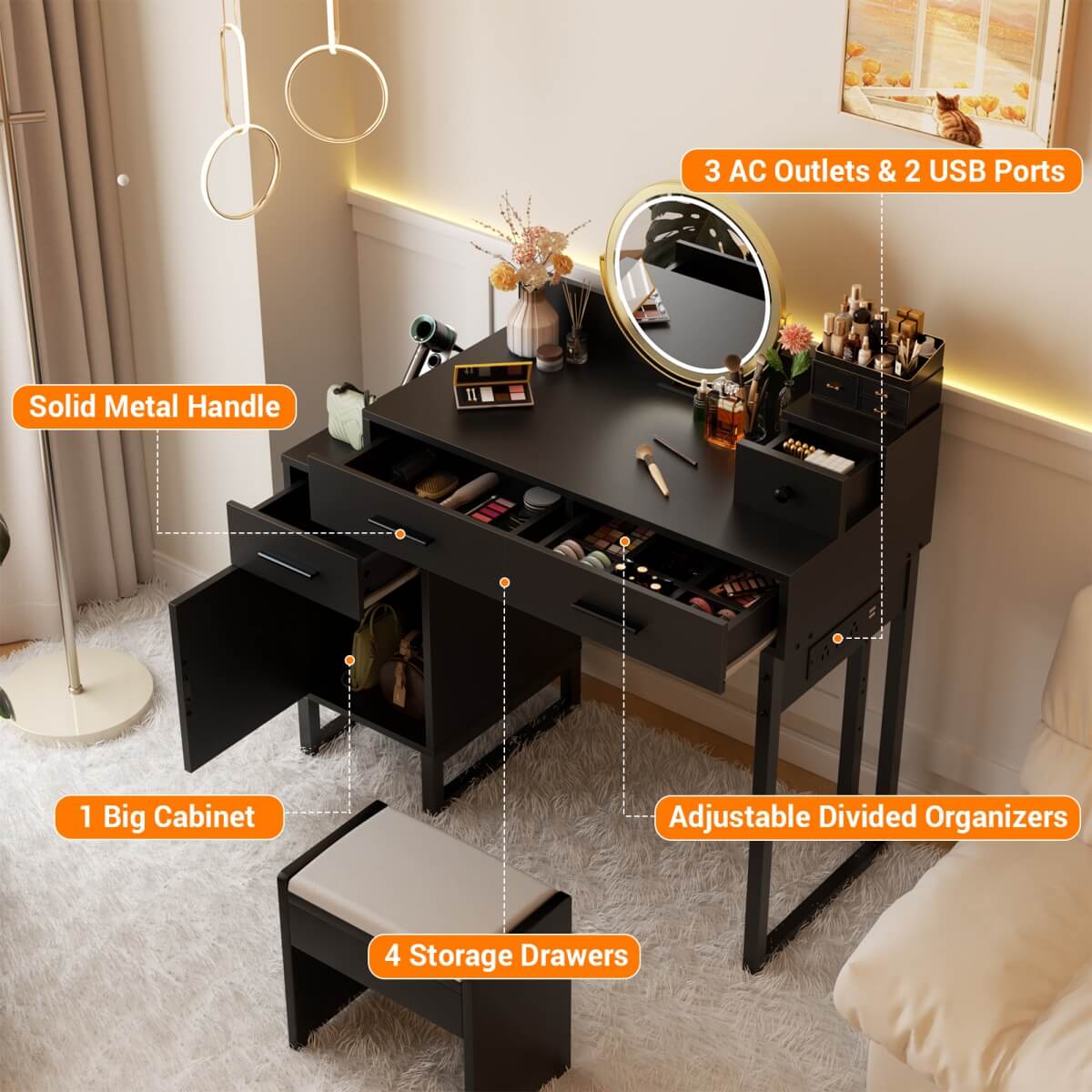Makeup Vanity Desk with 4 Drawers, Built in Power Outlet