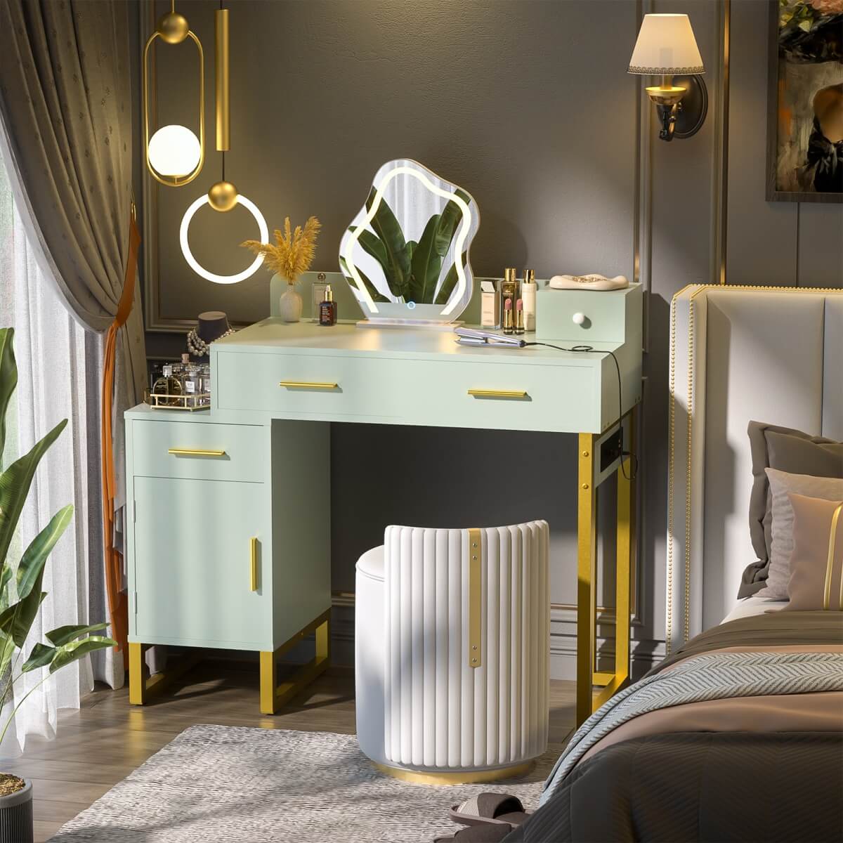 Makeup Vanity Desk with 4 Drawers, Built in Power Outlet