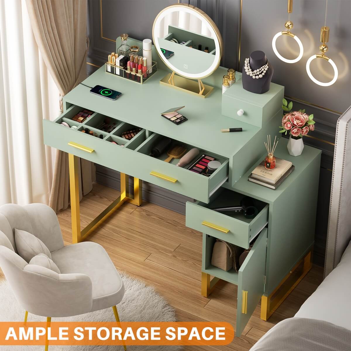 Makeup Vanity Desk with 4 Drawers, Built in Power Outlet