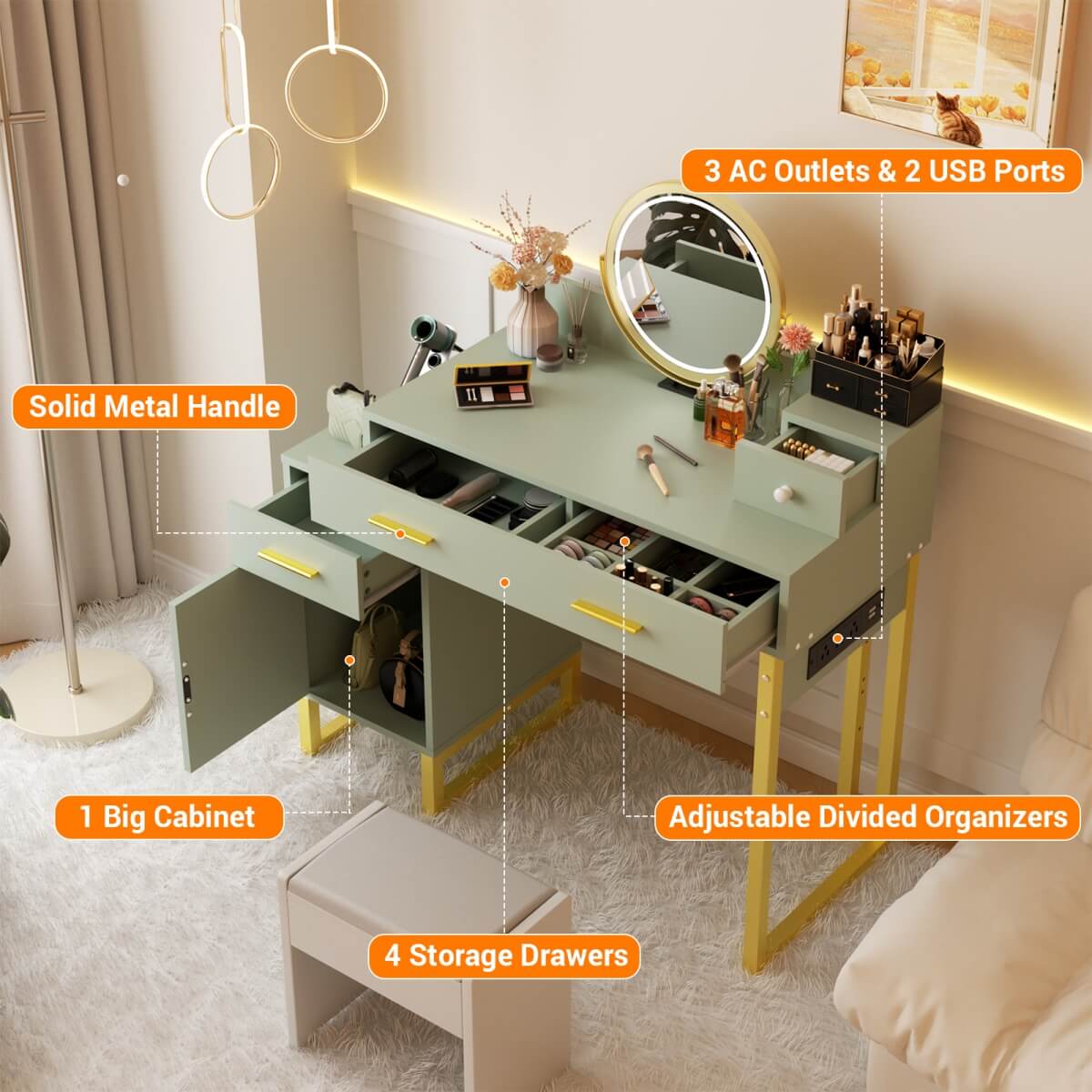 Makeup Vanity Desk with 4 Drawers, Built in Power Outlet