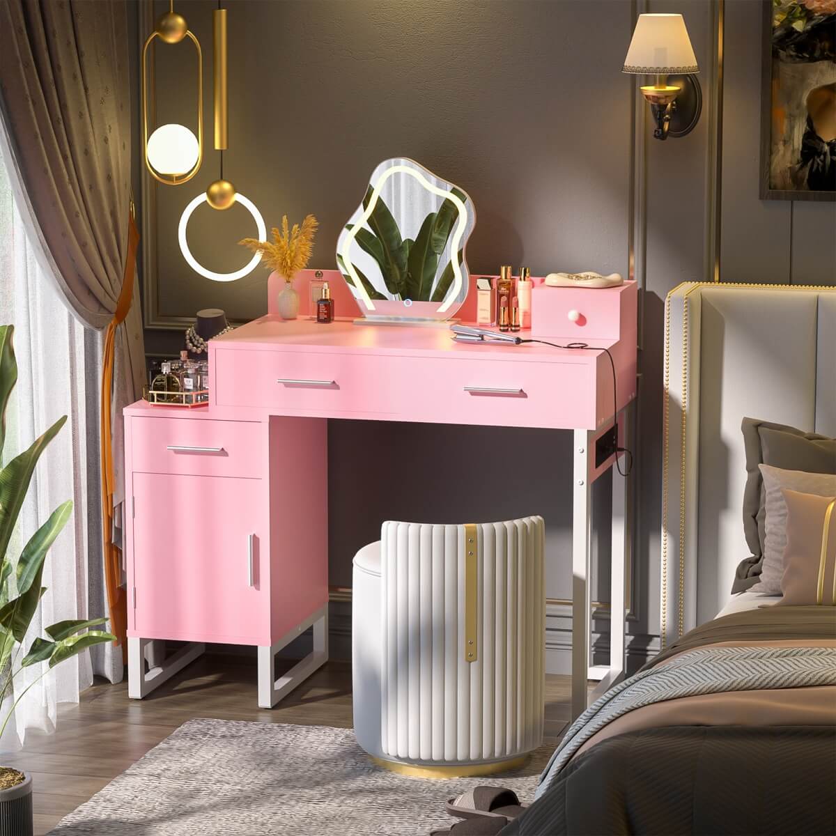 Makeup Vanity Desk with 4 Drawers, Built in Power Outlet