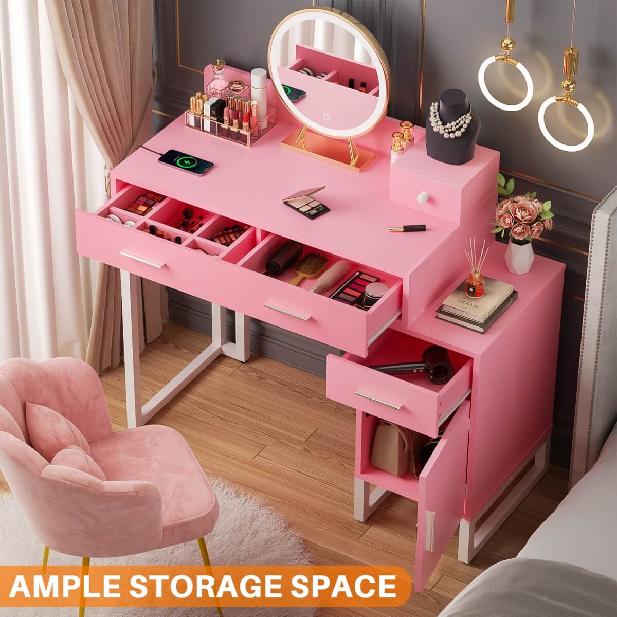 Makeup Vanity Desk with 4 Drawers, Built in Power Outlet
