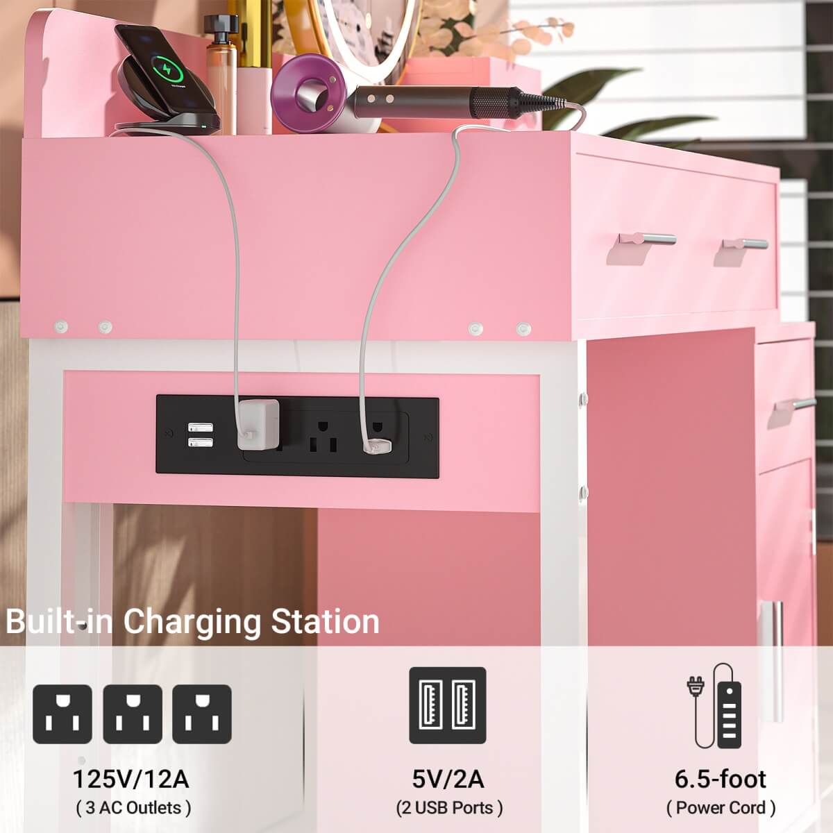Makeup Vanity Desk with 4 Drawers, Built in Power Outlet