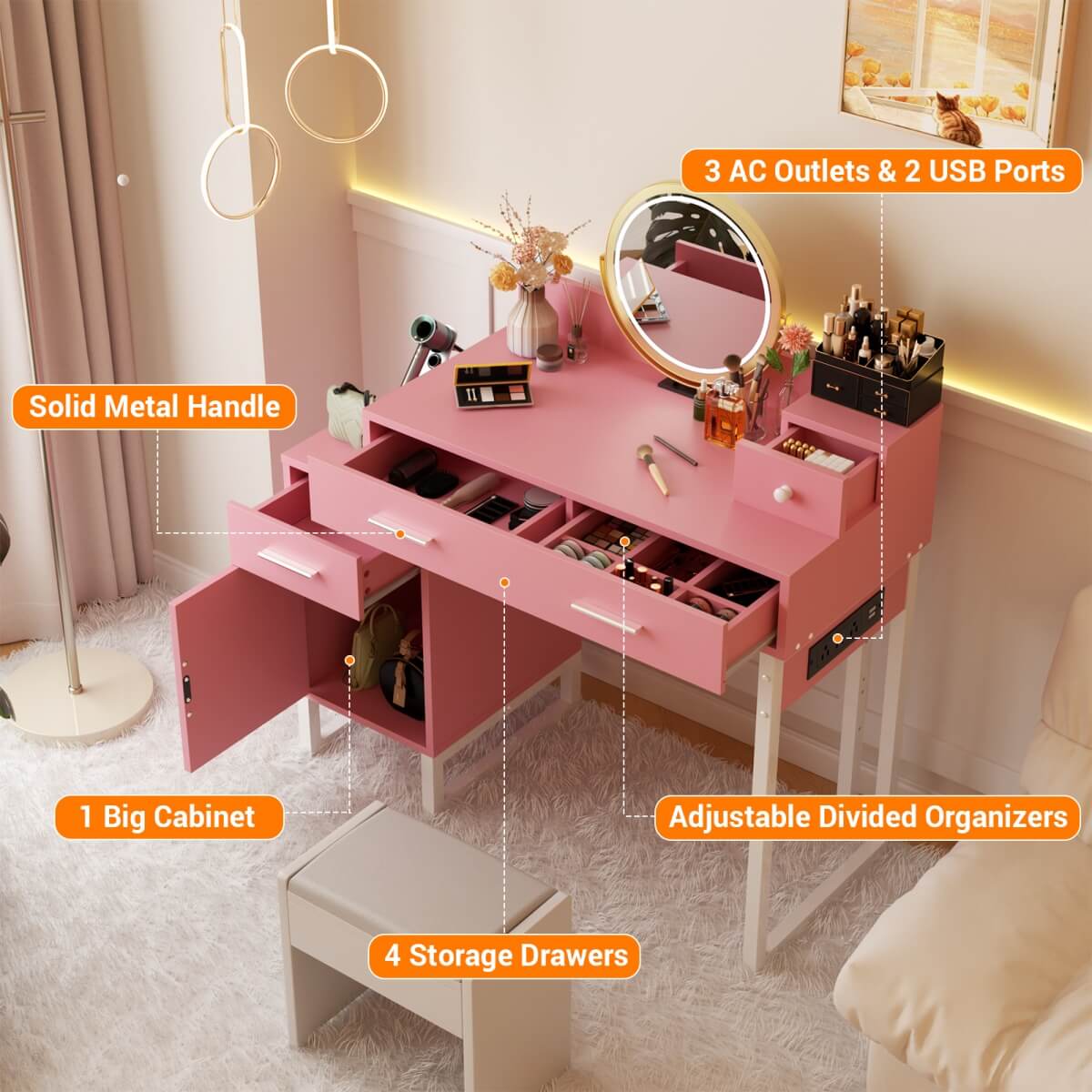 Makeup Vanity Desk with 4 Drawers, Built in Power Outlet