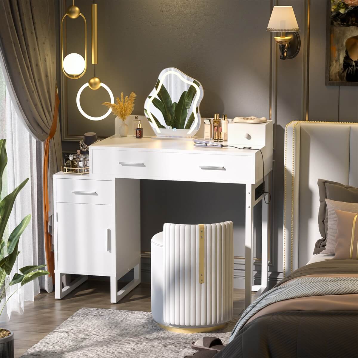 Makeup Vanity Desk with 4 Drawers, Built in Power Outlet
