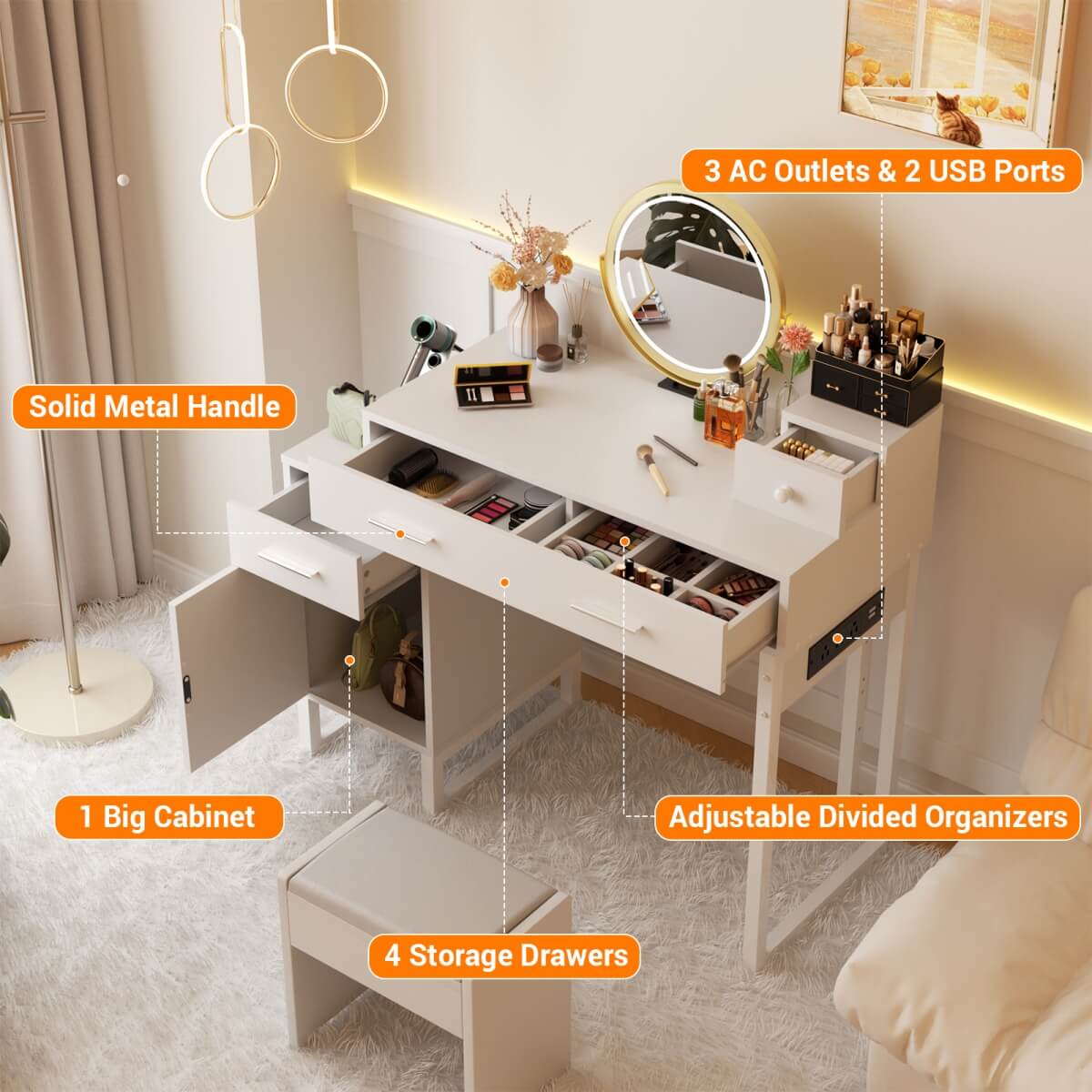 Makeup Vanity Desk with 4 Drawers, Built in Power Outlet