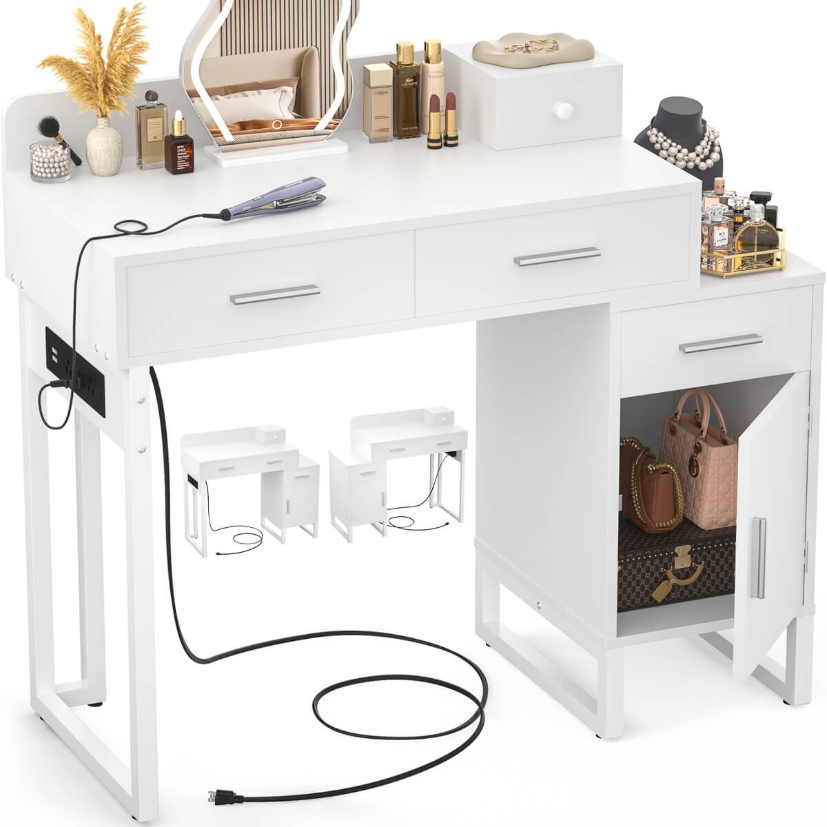 Makeup Vanity Desk with 4 Drawers, Built in Power Outlet