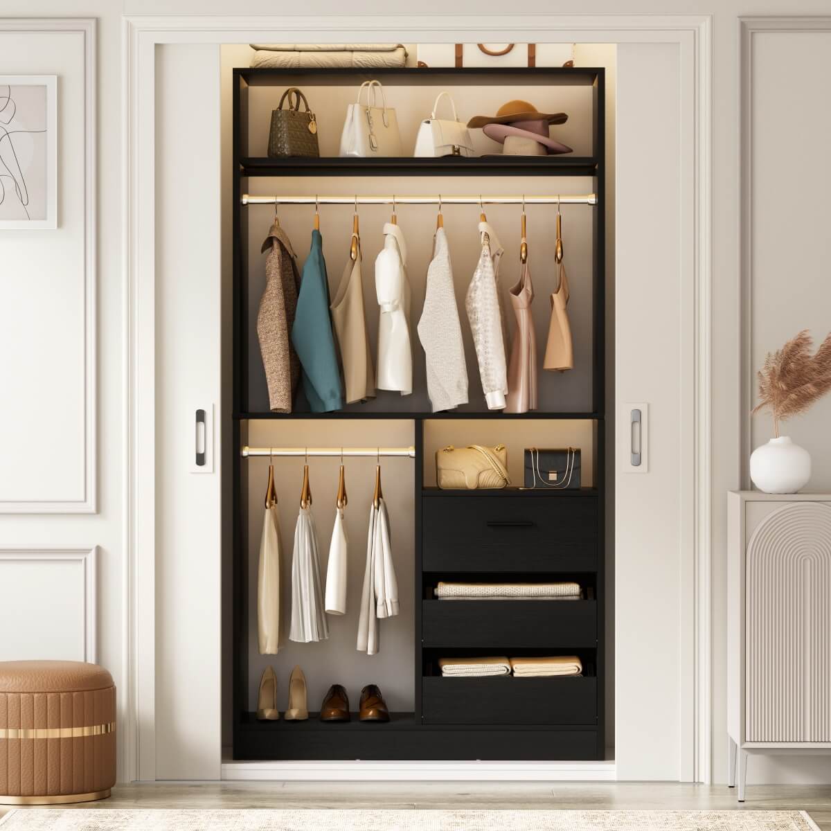 3FT Walk-in Closet System with 3 Drawers & Suitcase Storage