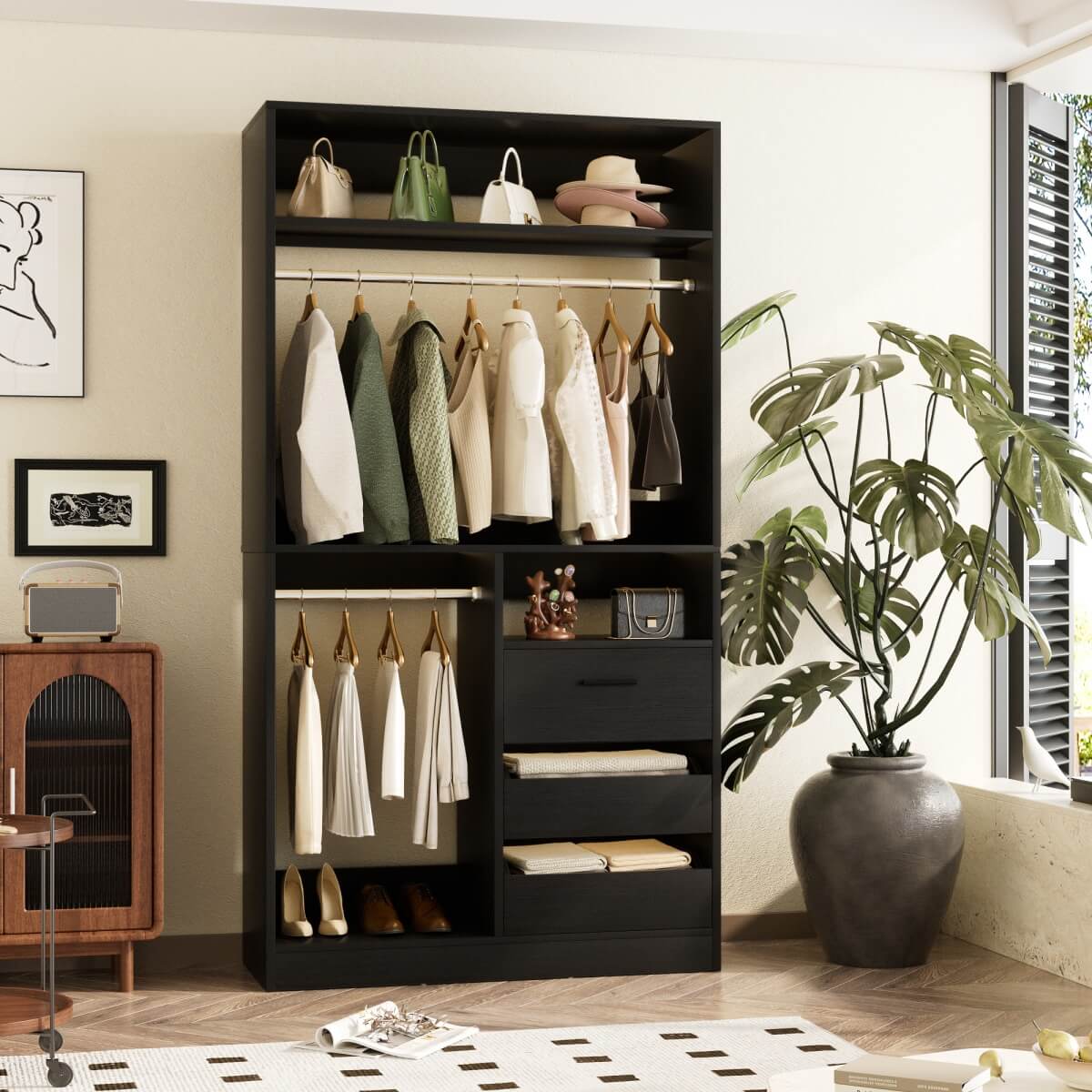 3FT Walk-in Closet System with 3 Drawers & Suitcase Storage