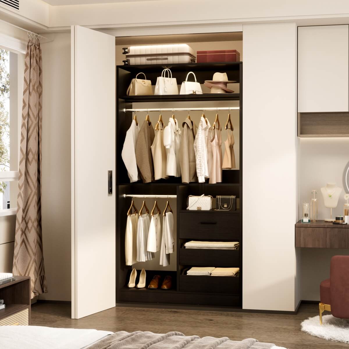 3FT Walk-in Closet System with 3 Drawers & Suitcase Storage