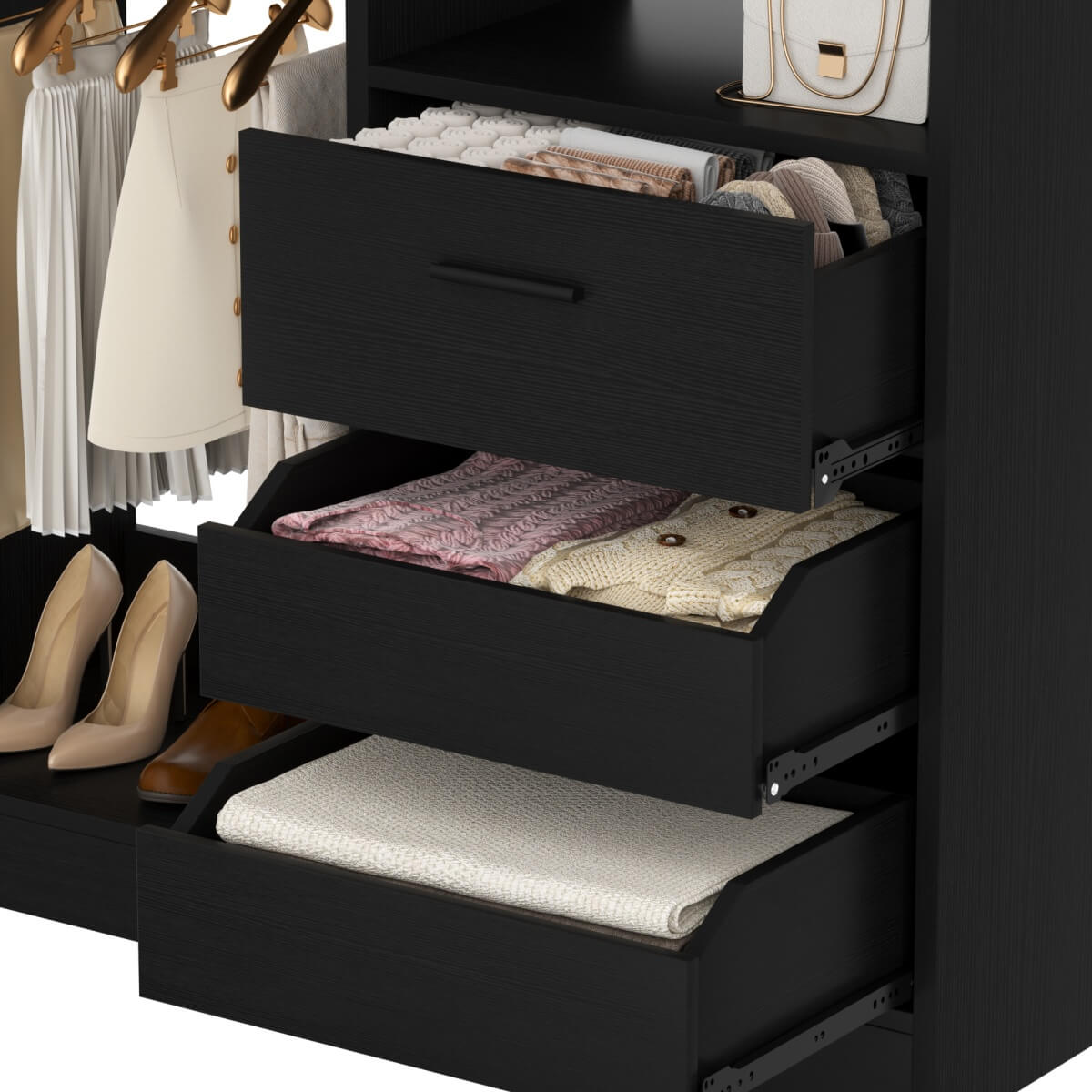 3FT Walk-in Closet System with 3 Drawers & Suitcase Storage