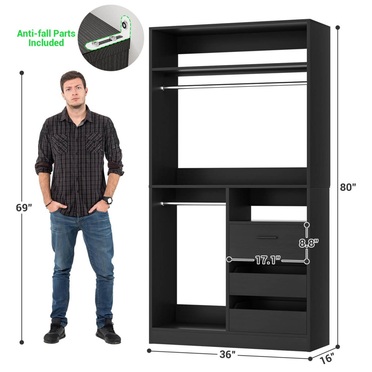3FT Walk-in Closet System with 3 Drawers & Suitcase Storage