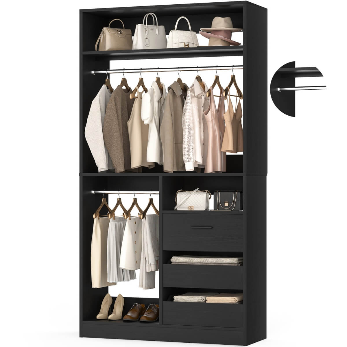 3FT Walk-in Closet System with 3 Drawers & Suitcase Storage