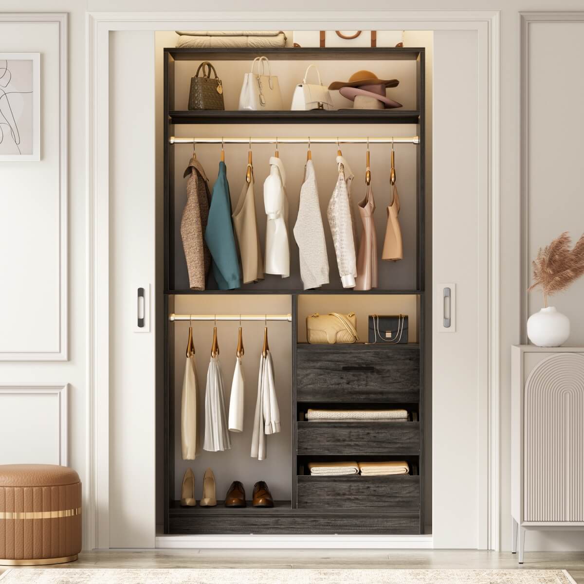 3FT Walk-in Closet System with 3 Drawers & Suitcase Storage
