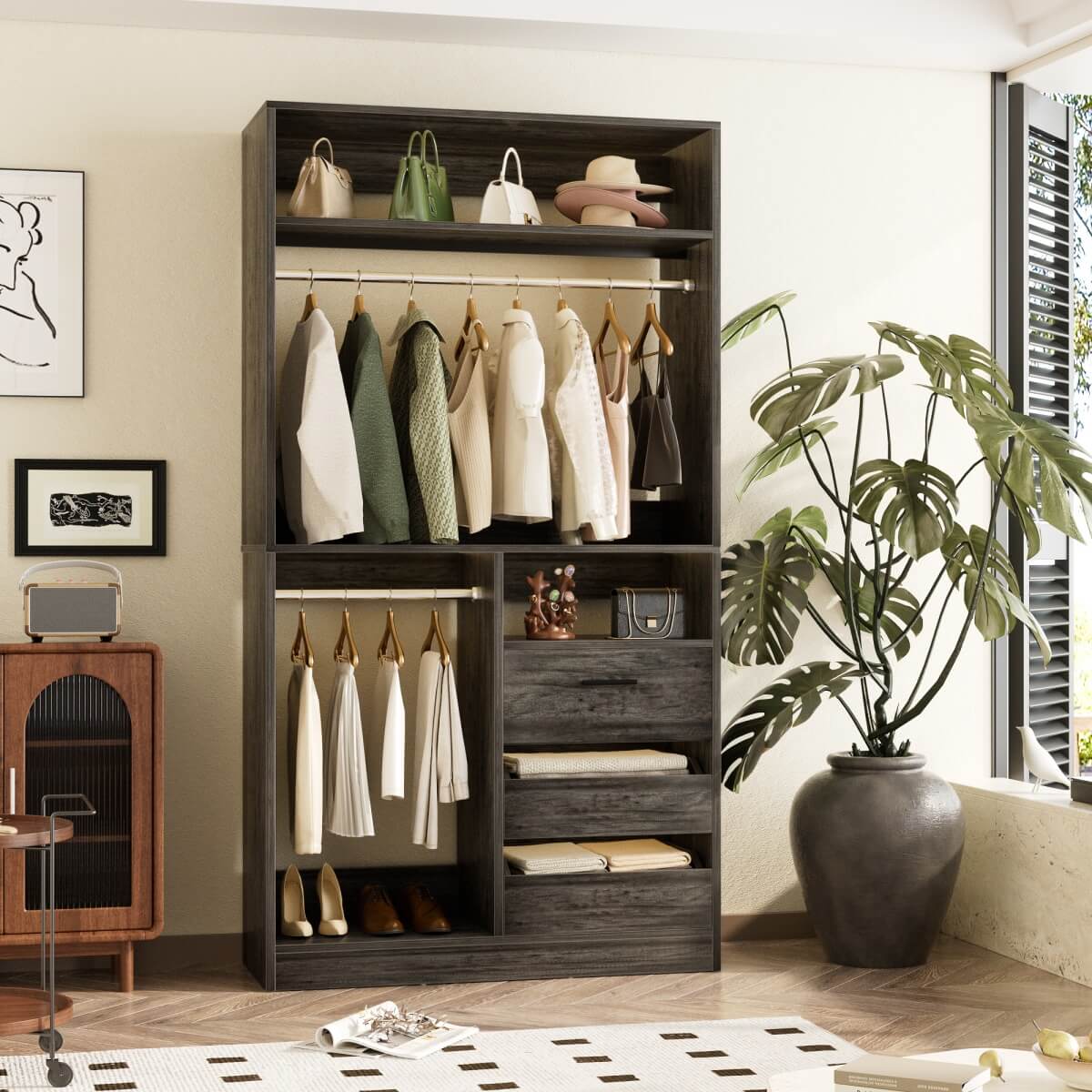 3FT Walk-in Closet System with 3 Drawers & Suitcase Storage