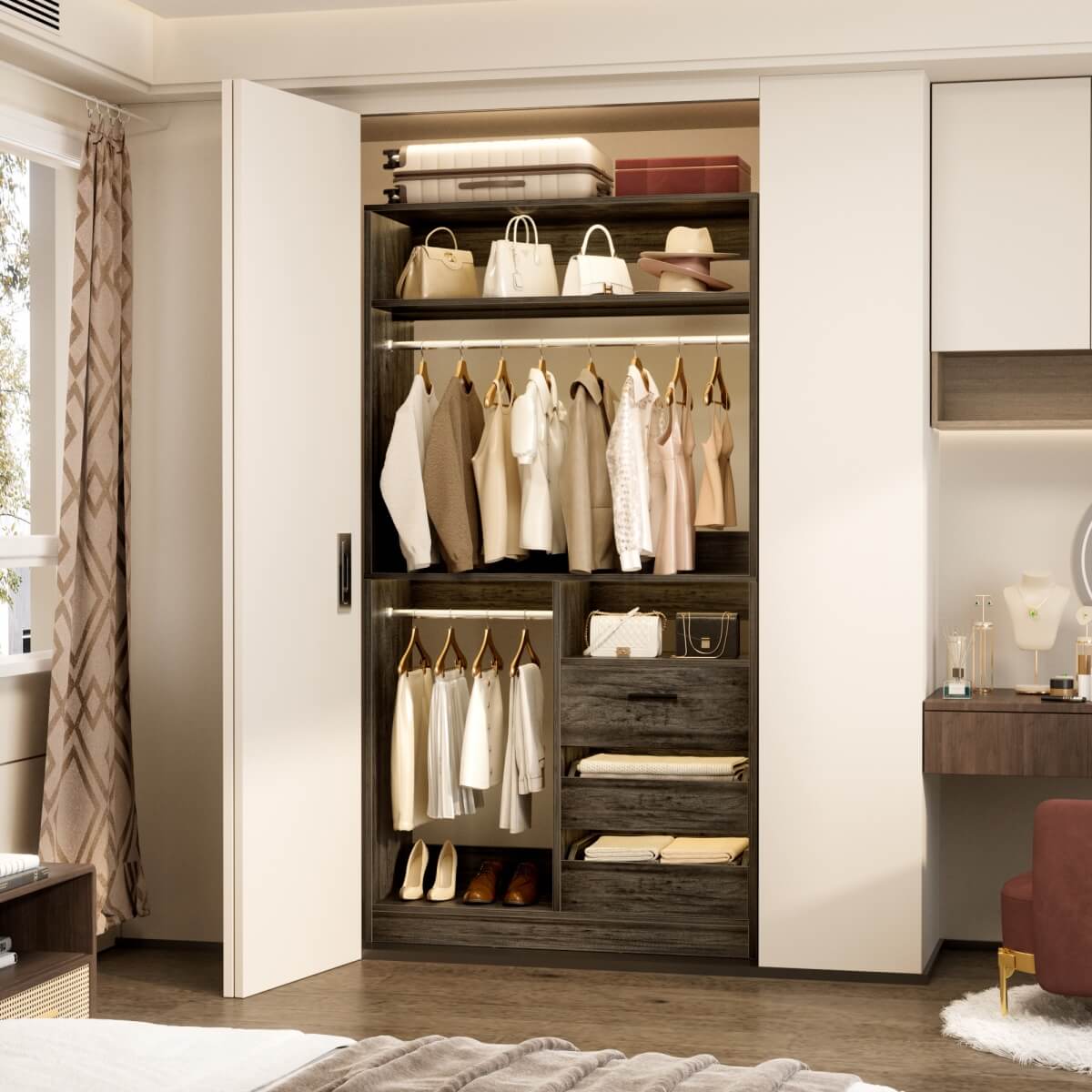 3FT Walk-in Closet System with 3 Drawers & Suitcase Storage