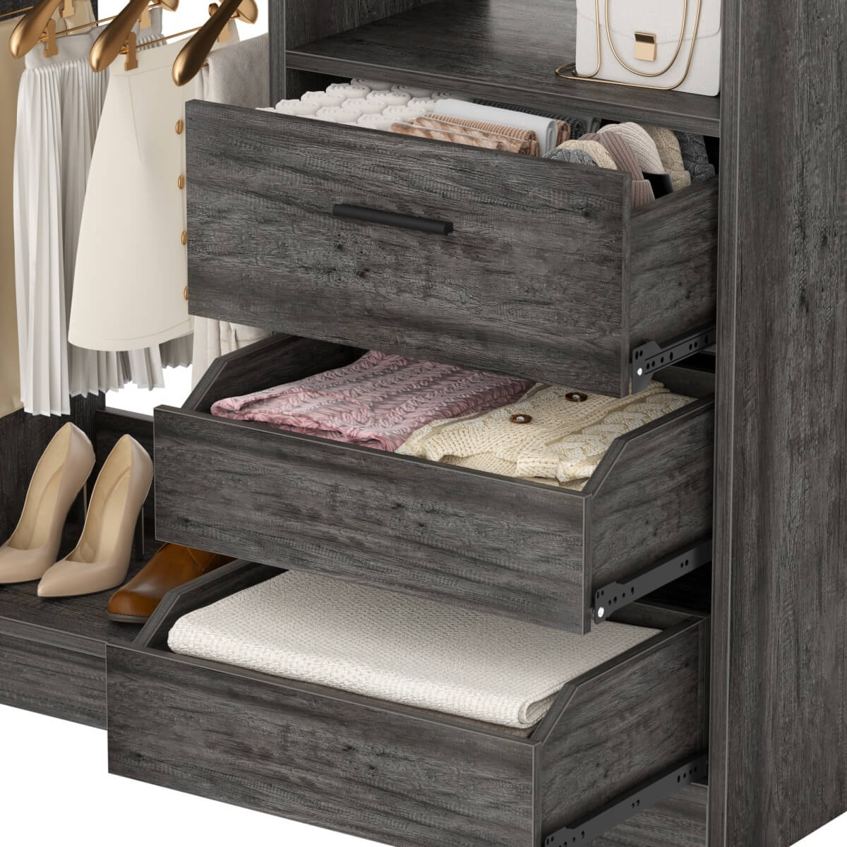 3FT Walk-in Closet System with 3 Drawers & Suitcase Storage
