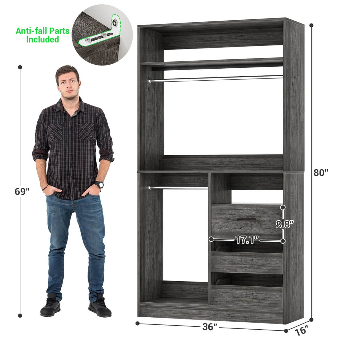 3FT Walk-in Closet System with 3 Drawers & Suitcase Storage