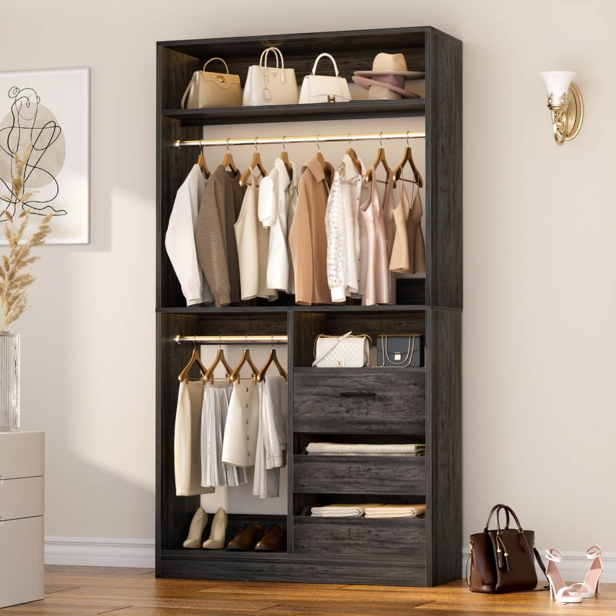 3FT Walk-in Closet System with 3 Drawers & Suitcase Storage