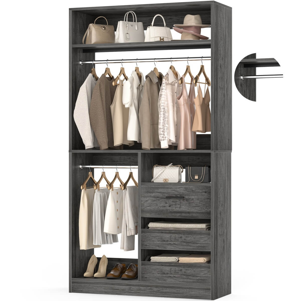 3FT Walk-in Closet System with 3 Drawers & Suitcase Storage