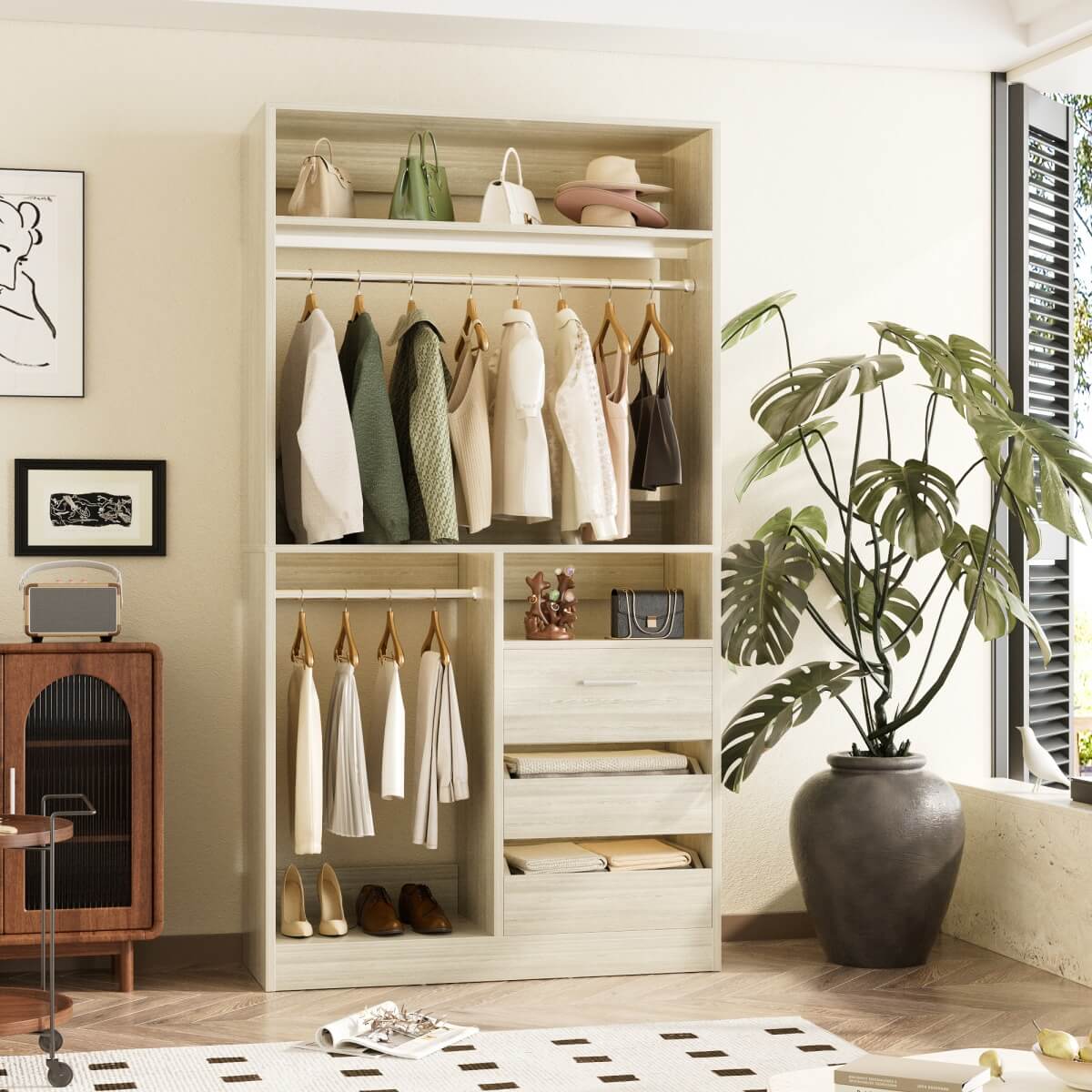 3FT Walk-in Closet System with 3 Drawers & Suitcase Storage