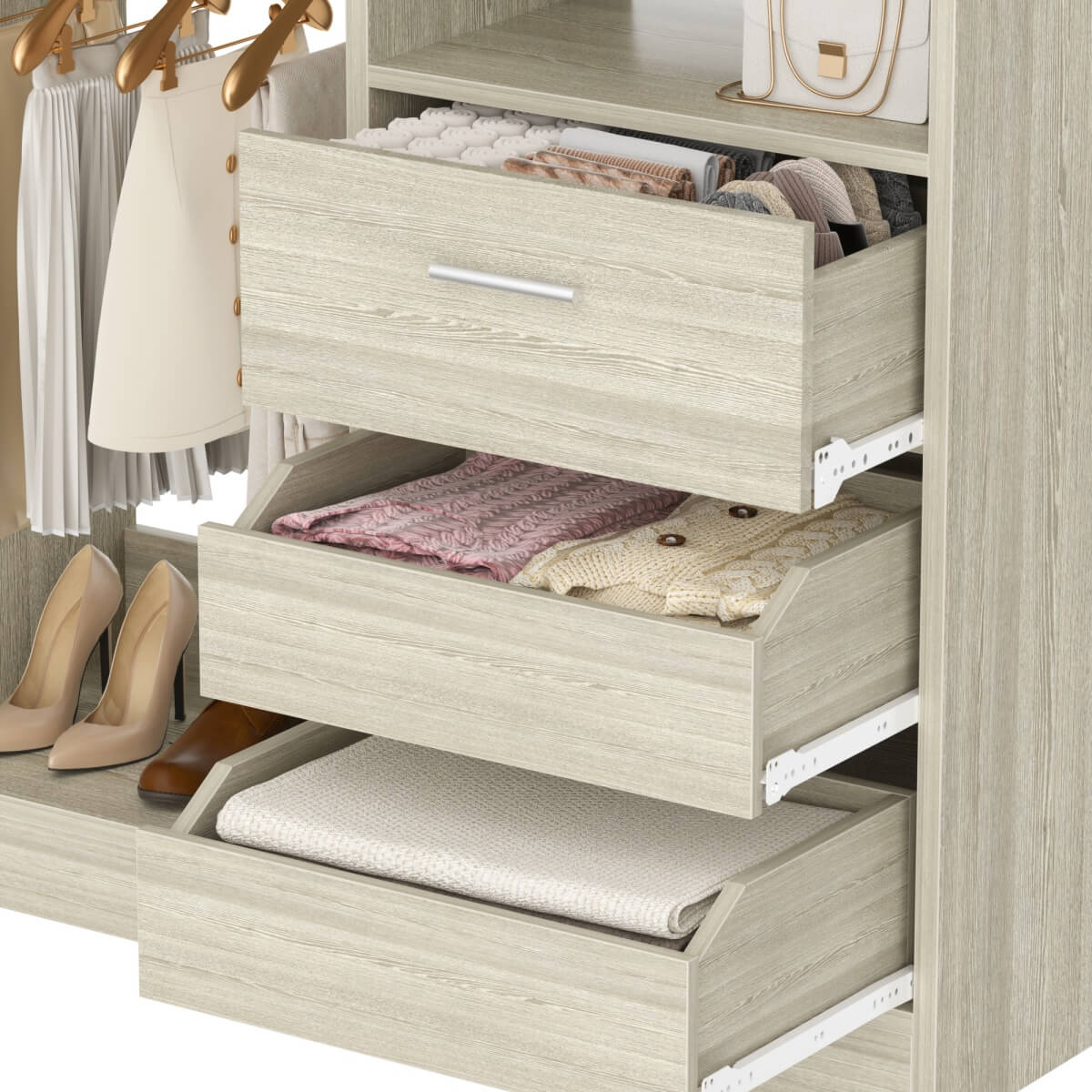 3FT Walk-in Closet System with 3 Drawers & Suitcase Storage