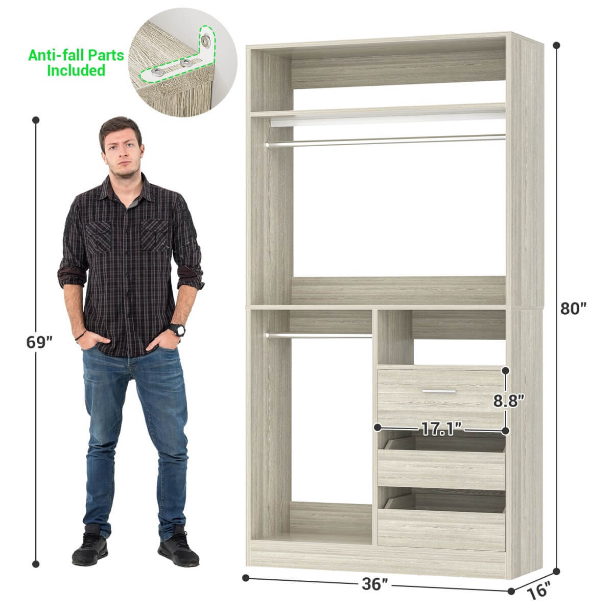 3FT Walk-in Closet System with 3 Drawers & Suitcase Storage