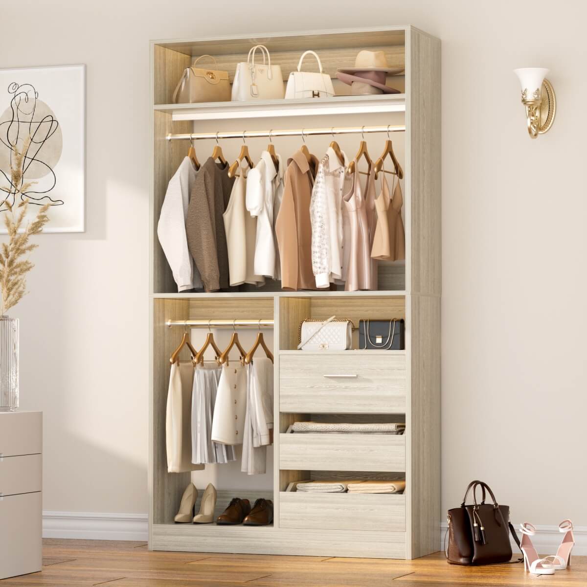 3FT Walk-in Closet System with 3 Drawers & Suitcase Storage